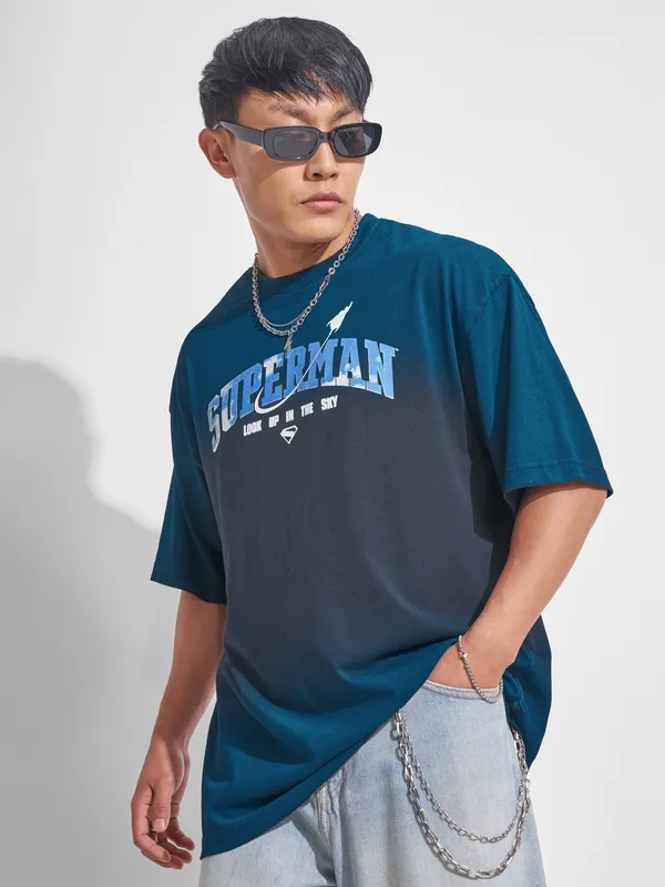 DC By Highlander Men Navy Blue Superman Printed Round Neck Oversized Fit T-Shirt