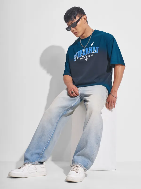 DC By Highlander Men Navy Blue Superman Printed Round Neck Oversized Fit T-Shirt