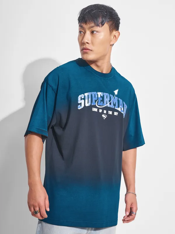 DC By Highlander Men Navy Blue Superman Printed Round Neck Oversized Fit T-Shirt