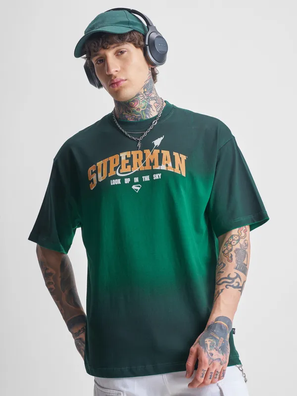 DC By Highlander Men Green Superman Printed Round Neck Oversized Fit T-Shirt