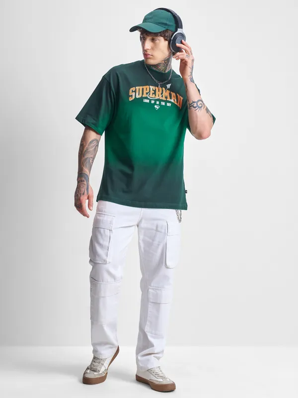 DC By Highlander Men Green Superman Printed Round Neck Oversized Fit T-Shirt