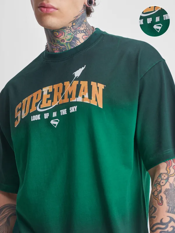 DC By Highlander Men Green Superman Printed Round Neck Oversized Fit T-Shirt