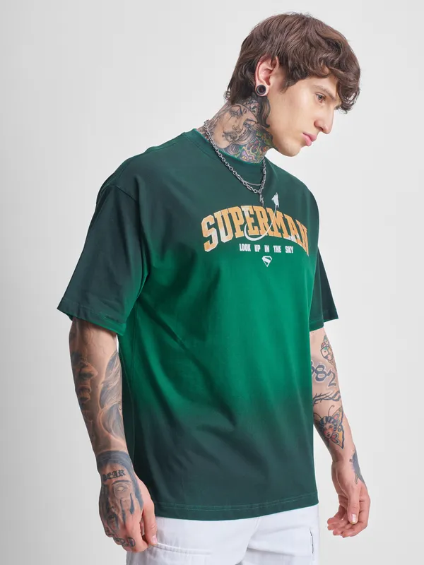 DC By Highlander Men Green Superman Printed Round Neck Oversized Fit T-Shirt