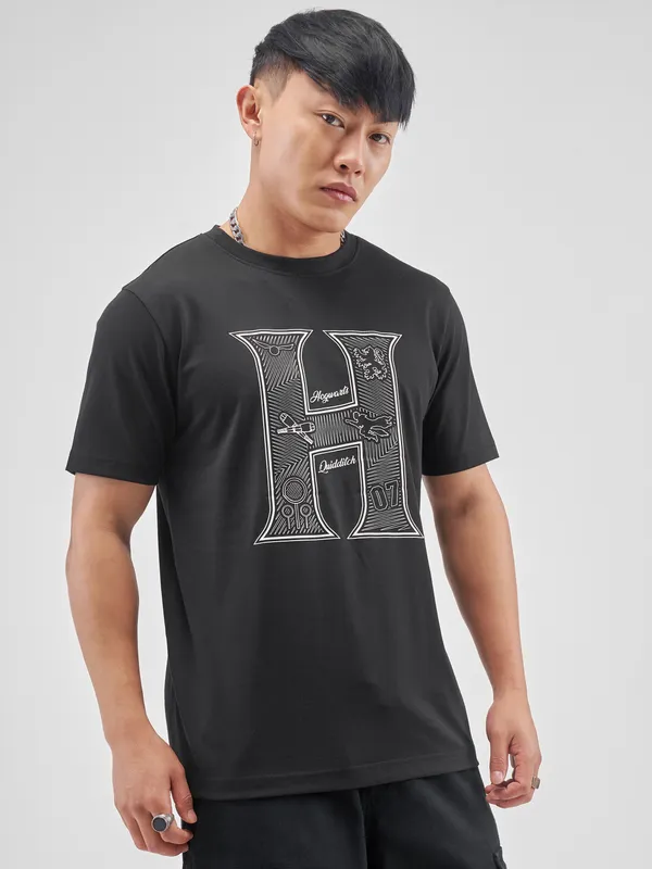 WB By Highlander Men Black Harry Potter Printed Round Neck Regular Fit T-Shirt
