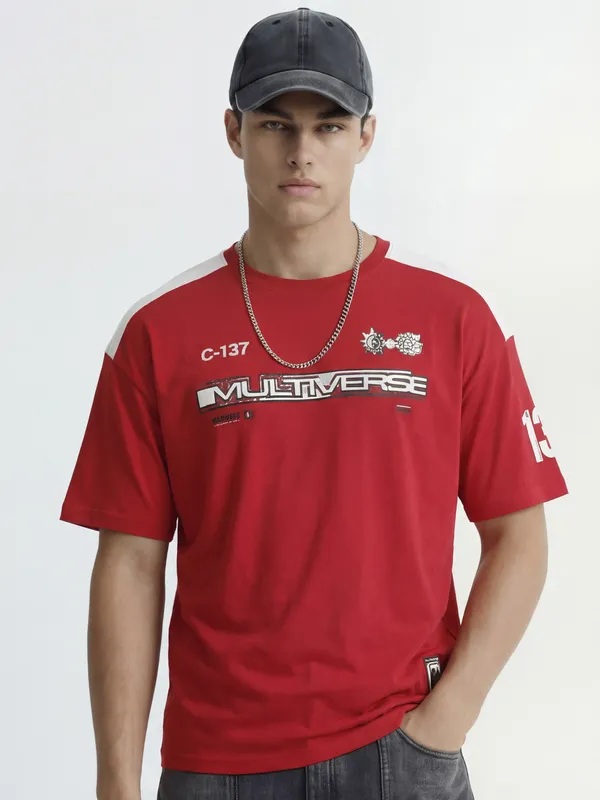 WB By Highlander Men Red Rick And Morty Printed Round Neck T-Shirt