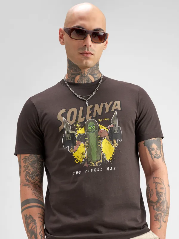 WB By Highlander Men Brown Rick And Morty Printed Round Neck T-Shirt