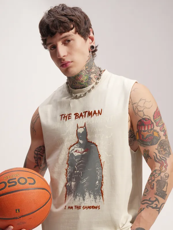 DC By Highlander Men Cream Batman Printed Round Neck T-Shirt