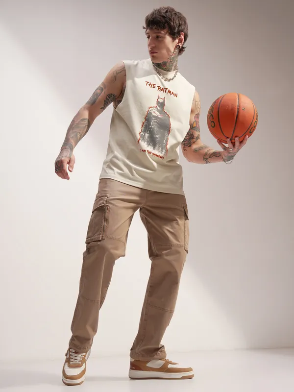 DC By Highlander Men Cream Batman Printed Round Neck T-Shirt