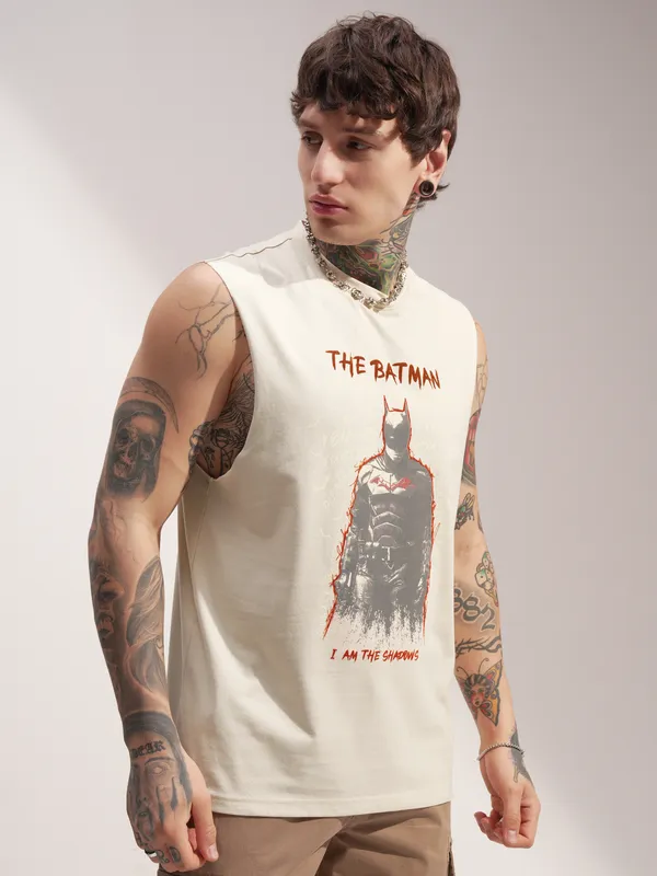 DC By Highlander Men Cream Batman Printed Round Neck T-Shirt