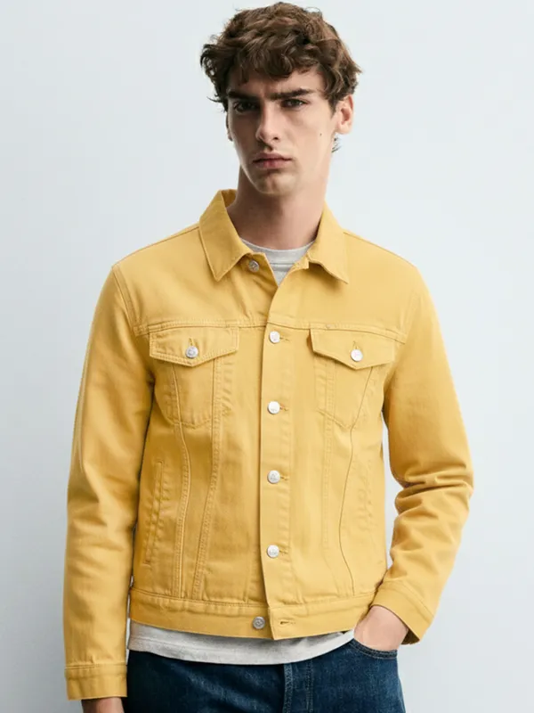 Ketch Men Yellow Solid Denim Jacket