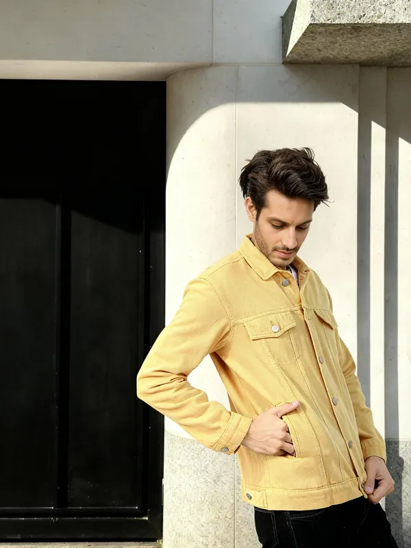 Ketch Men Yellow Solid Denim Jacket
