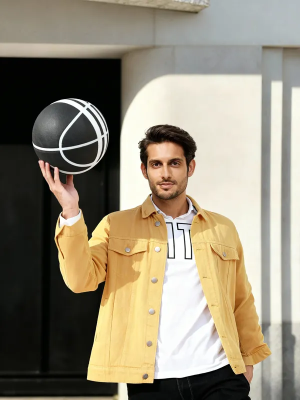 Ketch Men Yellow Solid Denim Jacket