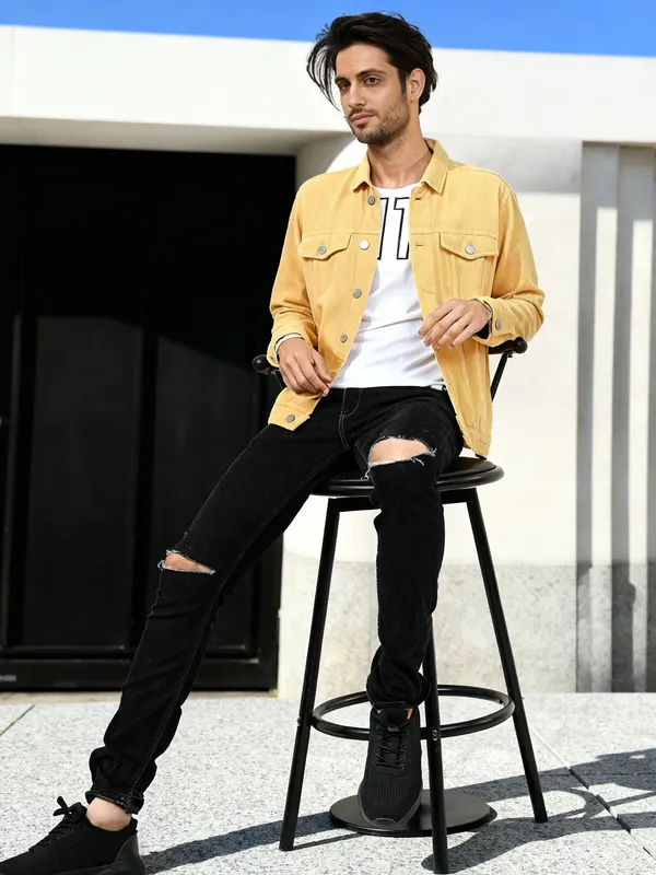 Ketch Men Yellow Solid Denim Jacket