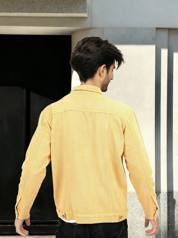 Ketch Men Yellow Solid Denim Jacket