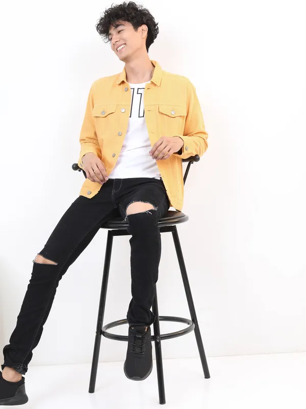 Ketch Men Yellow Solid Denim Jacket