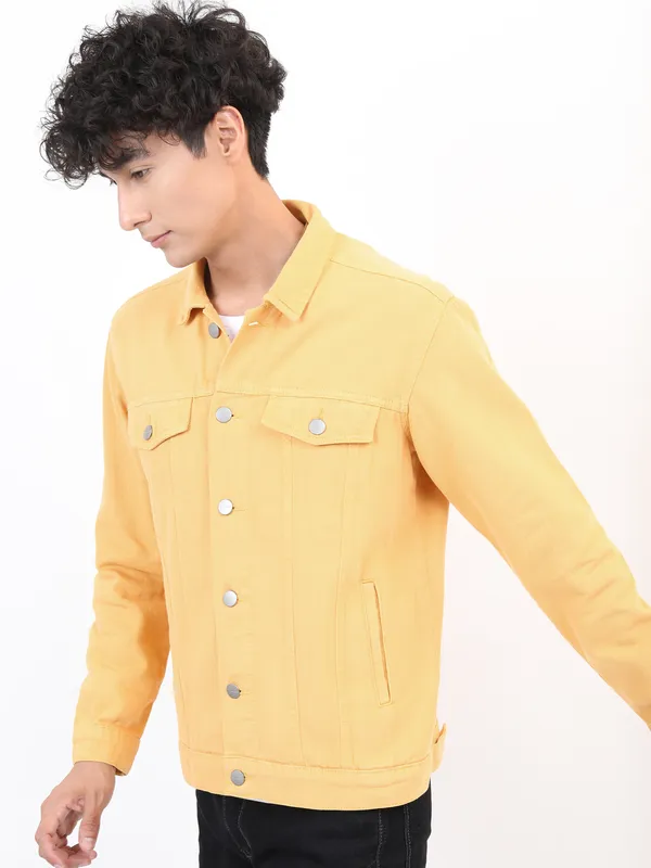 Ketch Men Yellow Solid Denim Jacket