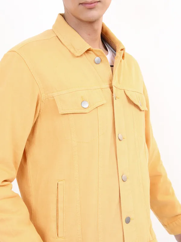 Ketch Men Yellow Solid Denim Jacket