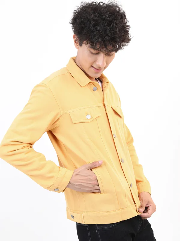 Ketch Men Yellow Solid Denim Jacket
