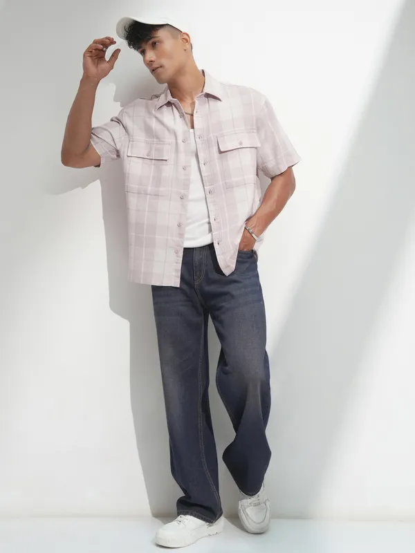 Locomotive Men Mauve Self Design Oversized Fit Casual Shirt