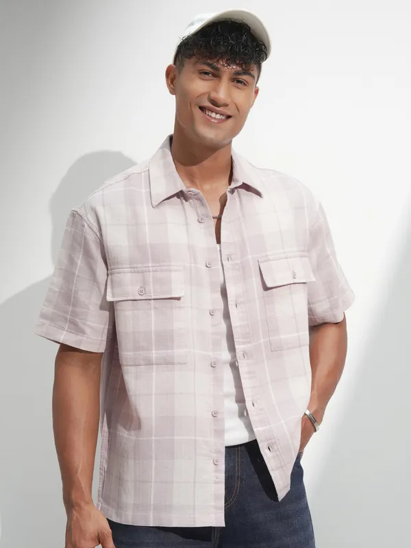 Locomotive Men Mauve Self Design Oversized Fit Casual Shirt