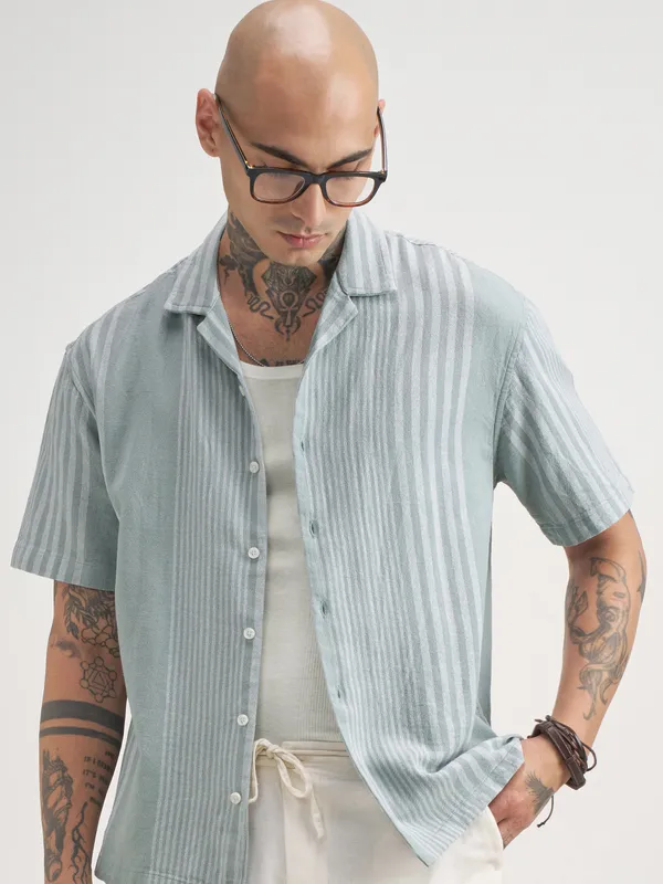 Locomotive Men Blue Striped Oversized Fit Casual Shirt