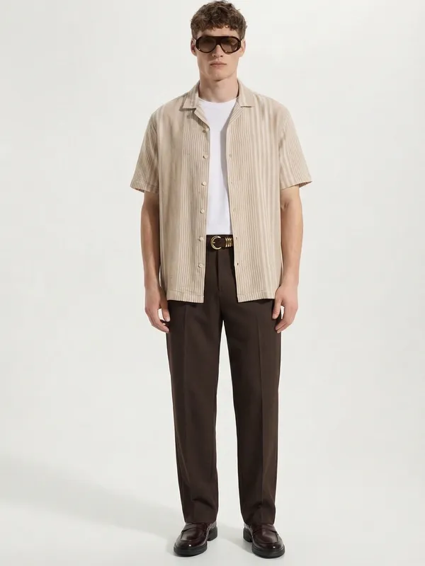 Locomotive Men Beige Stripes Oversized Fit Casual Shirt