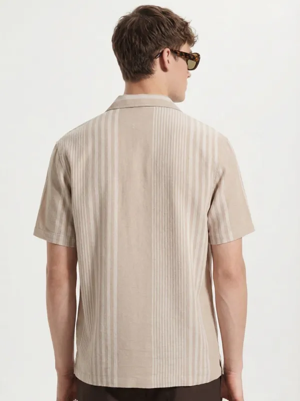 Locomotive Men Beige Stripes Oversized Fit Casual Shirt