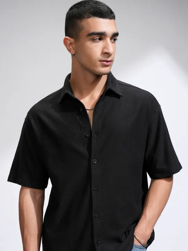 Locomotive Men Black Self Design Oversized Fit Casual Shirt