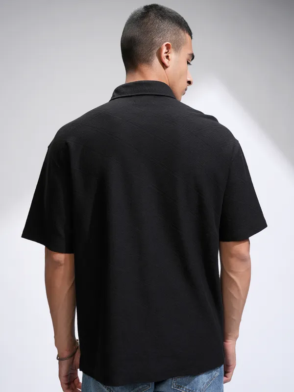 Locomotive Men Black Self Design Oversized Fit Casual Shirt