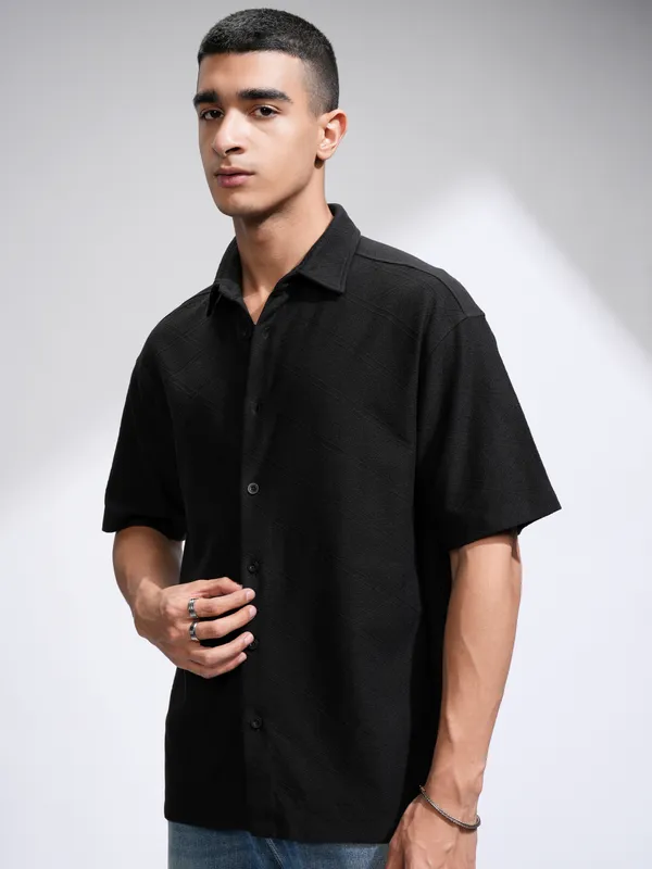 Locomotive Men Black Self Design Oversized Fit Casual Shirt