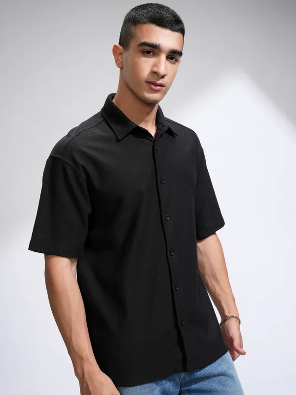 Locomotive Men Black Self Design Oversized Fit Casual Shirt