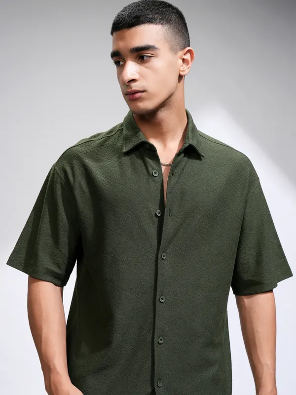 Locomotive Men Olive Self Design Oversized Fit Casual Shirt