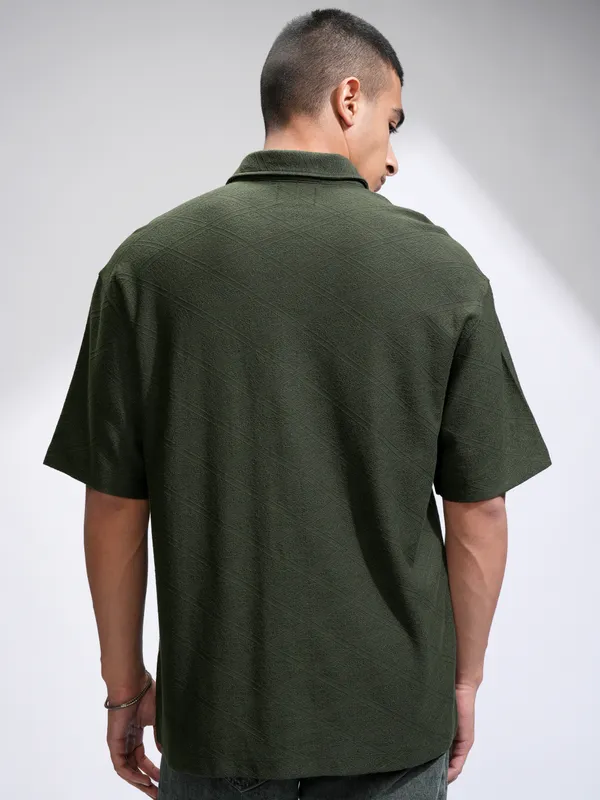 Locomotive Men Olive Self Design Oversized Fit Casual Shirt