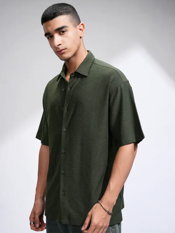 Locomotive Men Olive Self Design Oversized Fit Casual Shirt