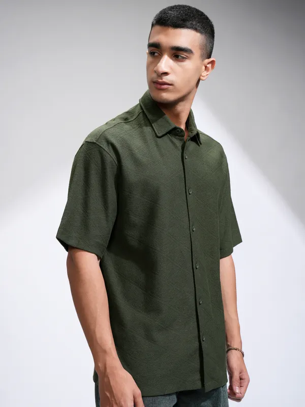 Locomotive Men Olive Self Design Oversized Fit Casual Shirt