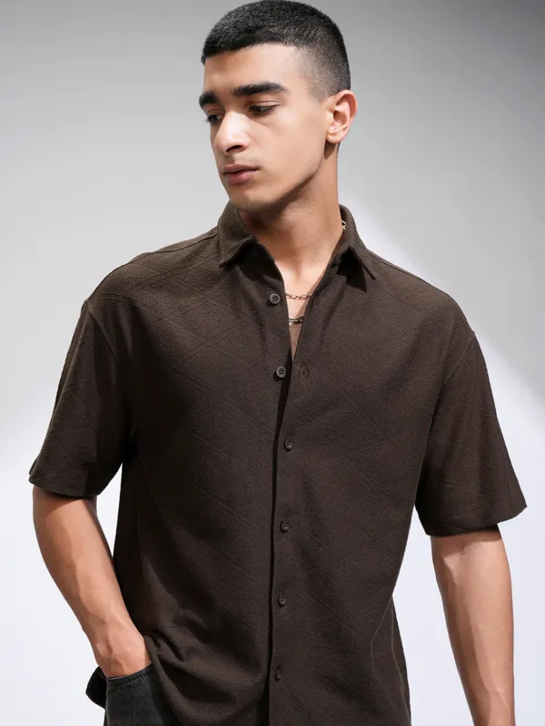 Locomotive Men Brown Self Design Oversized Fit Casual Shirt