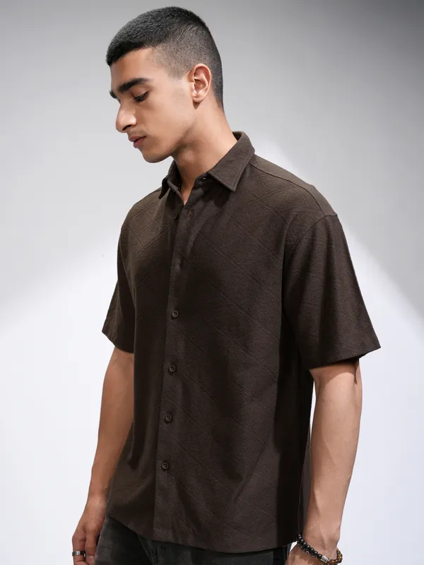 Locomotive Men Brown Self Design Oversized Fit Casual Shirt