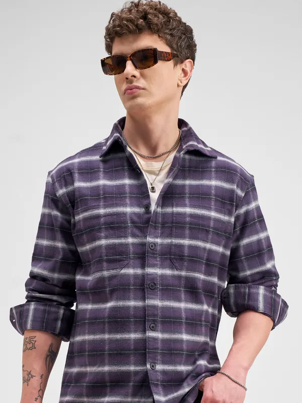 Locomotive Men Purple Checked Relaxed Fit Casual Shirt