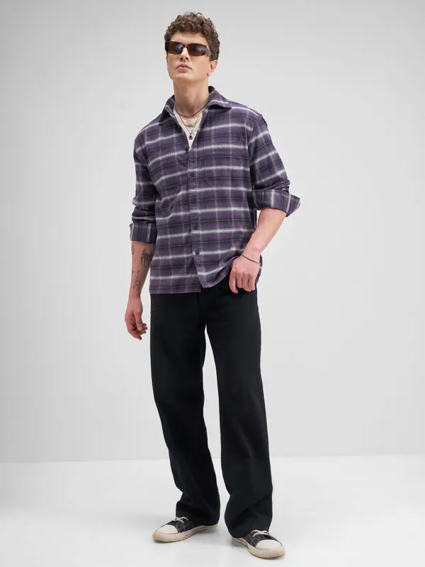 Locomotive Men Purple Checked Relaxed Fit Casual Shirt