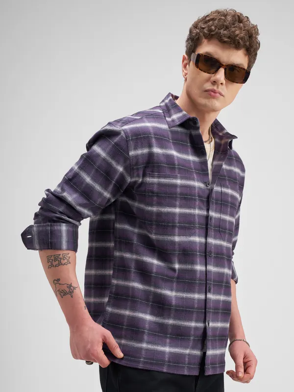 Locomotive Men Purple Checked Relaxed Fit Casual Shirt