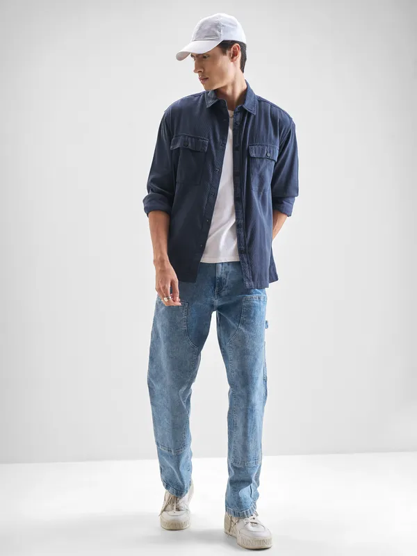 Locomotive Men Navy Blue Solid Oversized Fit Casual Shirt