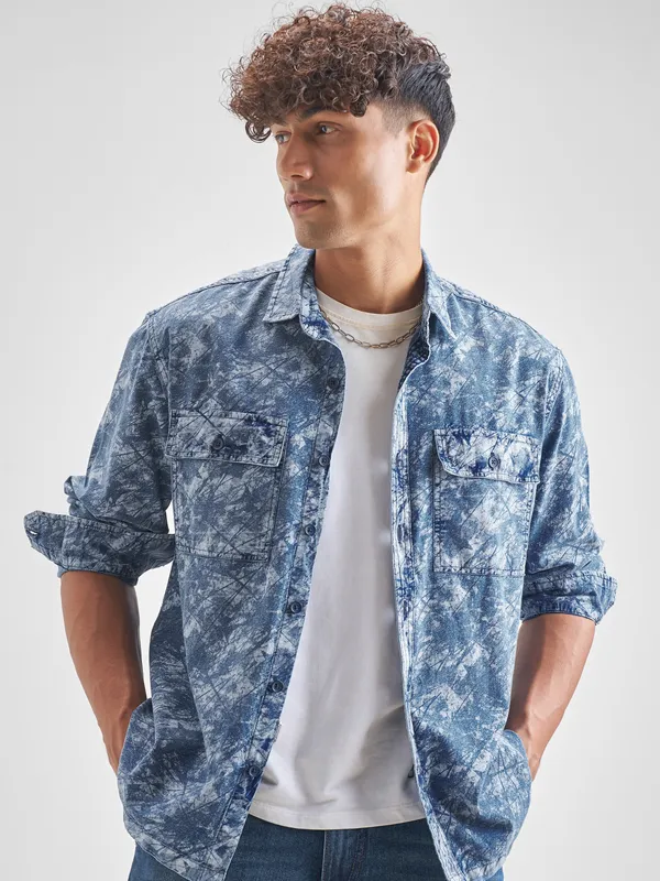 Locomotive Men Blue Self Design Oversized Fit Casual Shirt