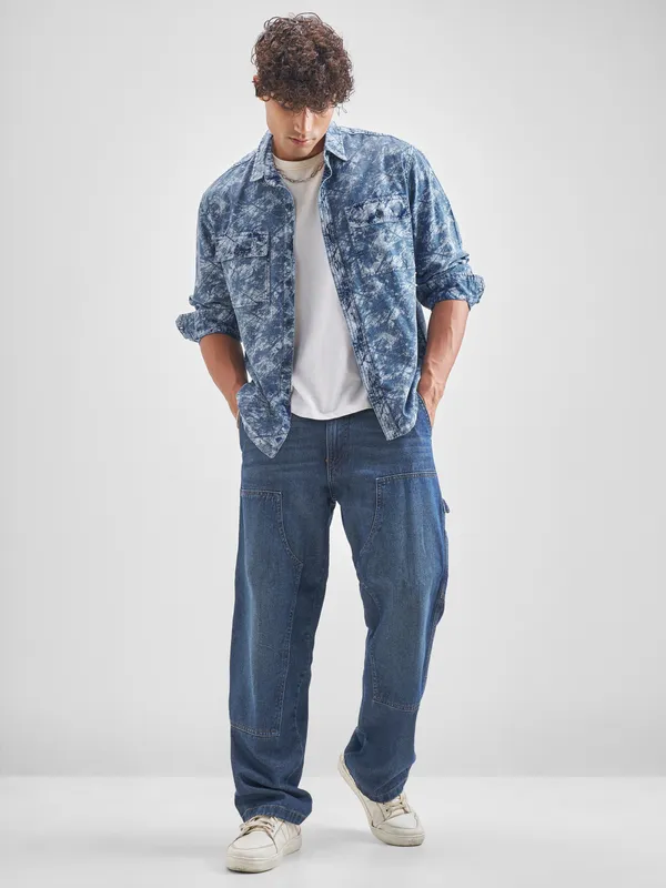 Locomotive Men Blue Self Design Oversized Fit Casual Shirt