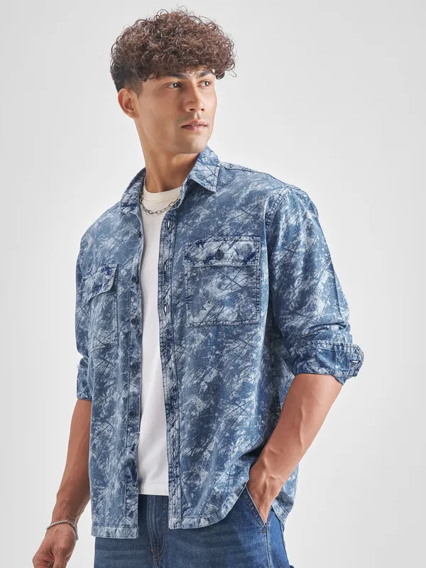 Locomotive Men Blue Self Design Oversized Fit Casual Shirt