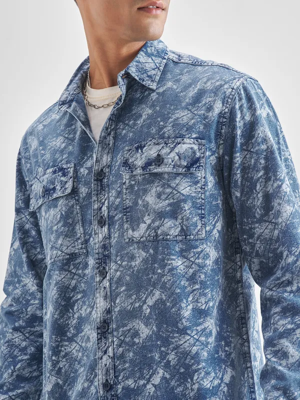 Locomotive Men Blue Self Design Oversized Fit Casual Shirt