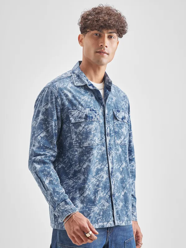 Locomotive Men Blue Self Design Oversized Fit Casual Shirt