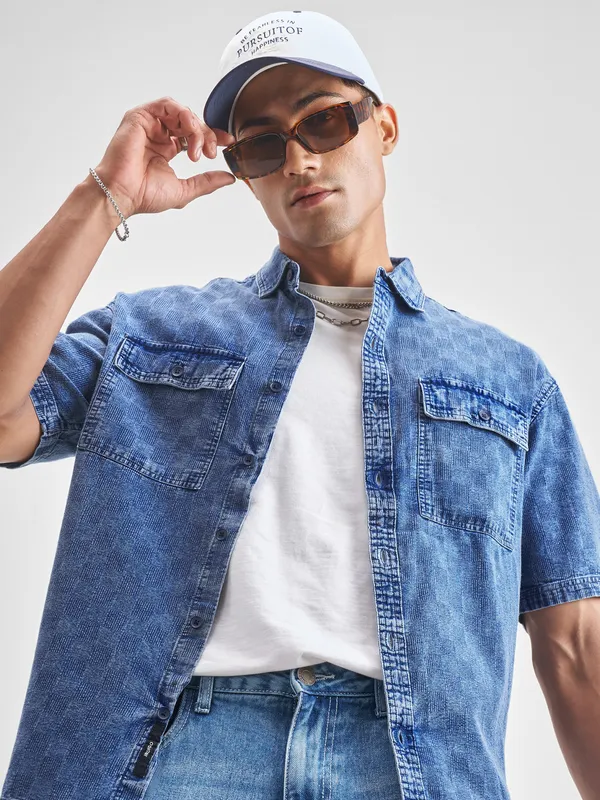 Locomotive Men Blue Self Design Oversized Fit Casual Shirt