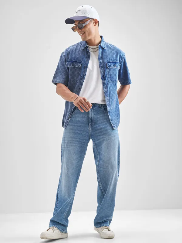 Locomotive Men Blue Self Design Oversized Fit Casual Shirt