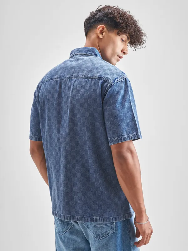 Locomotive Men Blue Self Design Oversized Fit Casual Shirt