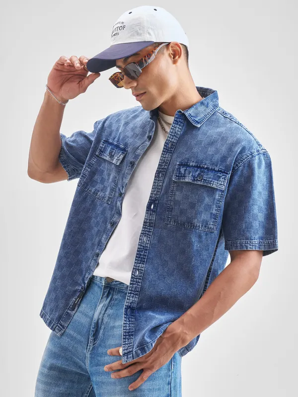 Locomotive Men Blue Self Design Oversized Fit Casual Shirt